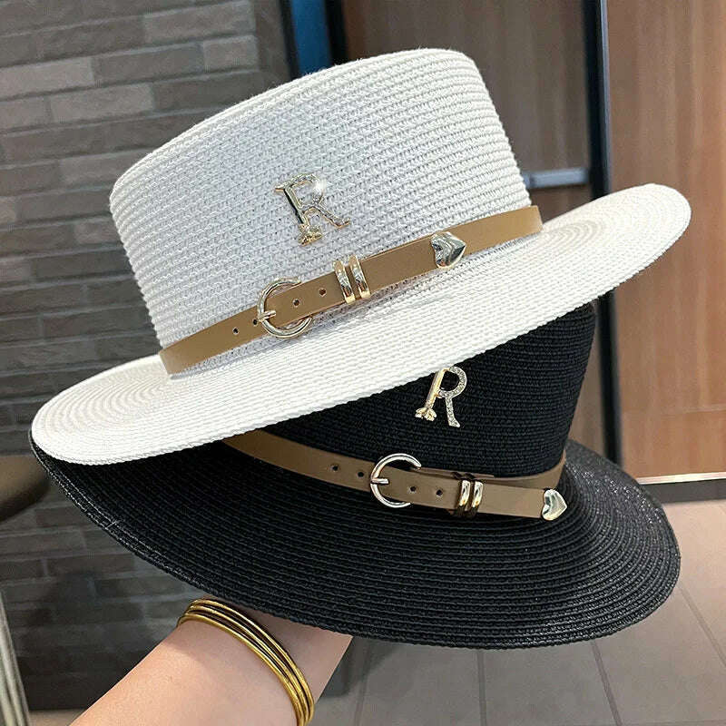 KIMLUD, 2023 New Metal R Letter Buckle Straw Hat Leisure Summer Sunscreen Hat Women's Fashionable Beach Hat Vintage Hat Church Hats, KIMLUD Womens Clothes
