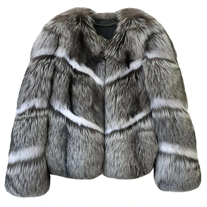 KIMLUD, 2023 New Natural Finland Silver White Fox Fur Coat Women Black Real Whole Skin Fur Winter Thick Soft Warm Fox Fur Jacket, KIMLUD Womens Clothes