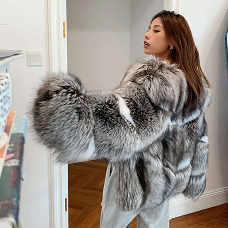 KIMLUD, 2023 New Natural Finland Silver White Fox Fur Coat Women Black Real Whole Skin Fur Winter Thick Soft Warm Fox Fur Jacket, KIMLUD Womens Clothes