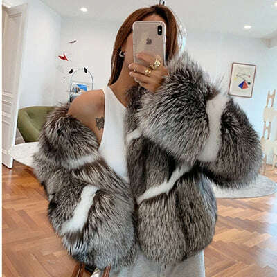 KIMLUD, 2023 New Natural Finland Silver White Fox Fur Coat Women Black Real Whole Skin Fur Winter Thick Soft Warm Fox Fur Jacket, silver and white fox / S, KIMLUD Womens Clothes