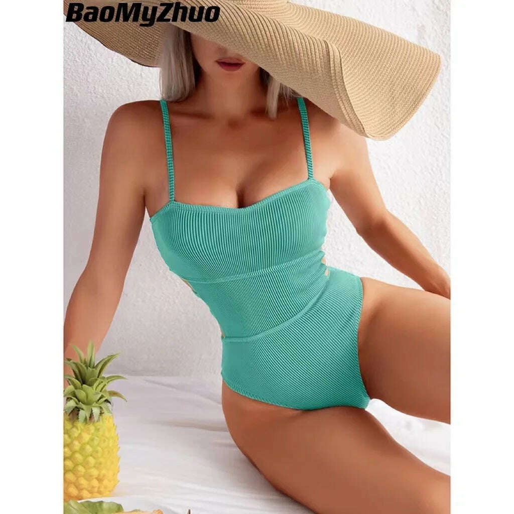 KIMLUD, 2023 New Sexy Ribbed One Piece Swimsuit Solid Swimwear Women Cut Out Monokini High Cut Swimming Suit female Bathing Bikini Suits, Turquoise / S, KIMLUD Women's Clothes