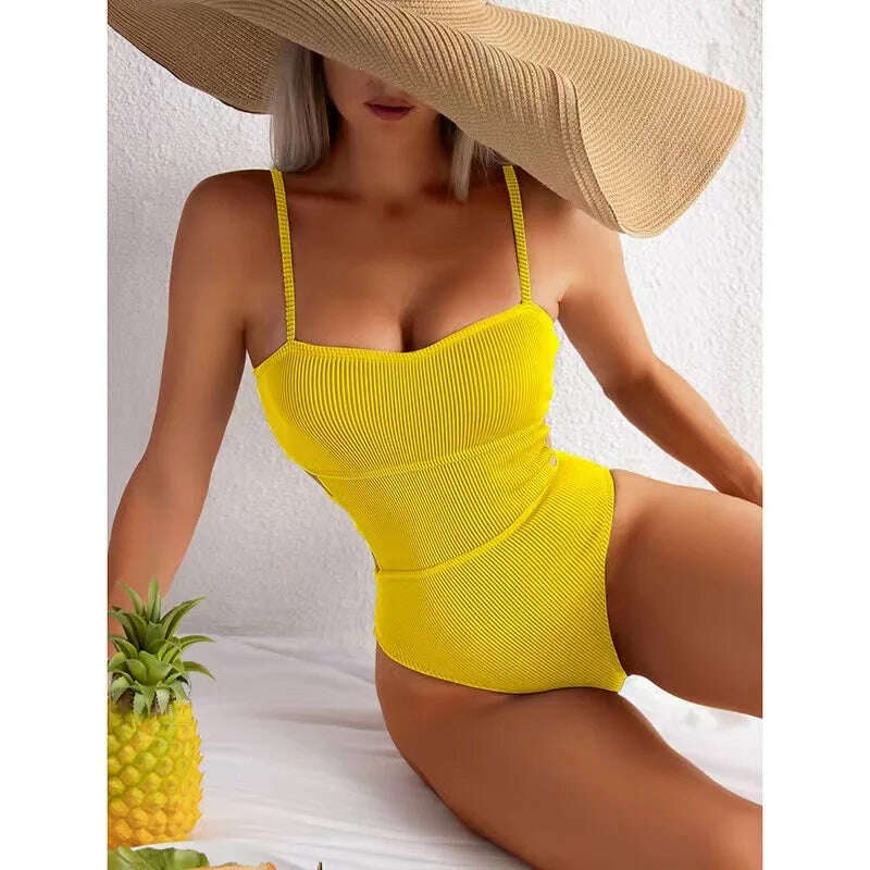 KIMLUD, 2023 New Sexy Ribbed One Piece Swimsuit Solid Swimwear Women Cut Out Monokini High Cut Swimming Suit female Bathing Bikini Suits, KIMLUD Womens Clothes
