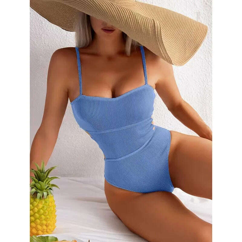 KIMLUD, 2023 New Sexy Ribbed One Piece Swimsuit Solid Swimwear Women Cut Out Monokini High Cut Swimming Suit female Bathing Bikini Suits, Sky Blue / S, KIMLUD Womens Clothes