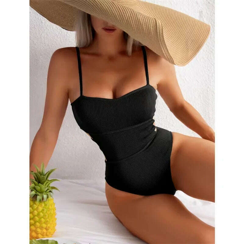 KIMLUD, 2023 New Sexy Ribbed One Piece Swimsuit Solid Swimwear Women Cut Out Monokini High Cut Swimming Suit female Bathing Bikini Suits, Black / S, KIMLUD Womens Clothes