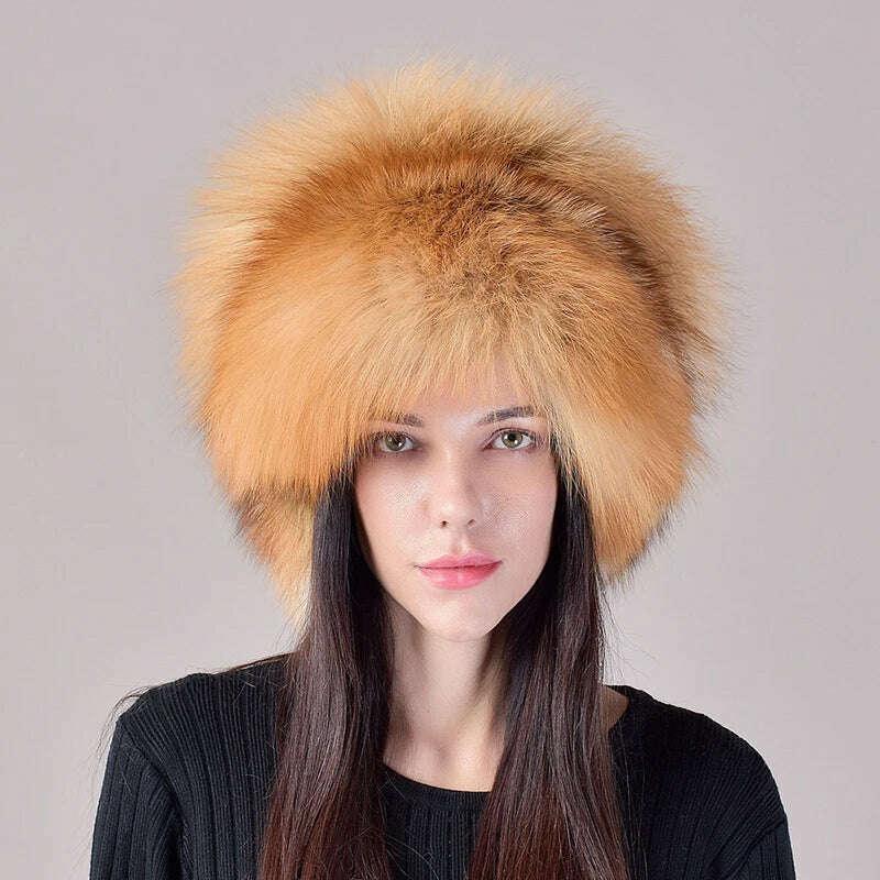 KIMLUD, 2023 New Style Natural Fox Fur Russian Hat Ushanka Women Winter Warm Fluffy Popular Style Female Tail Cap Fashion Real Fur Hats, KIMLUD Womens Clothes