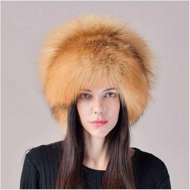 KIMLUD, 2023 New Style Natural Fox Fur Russian Hat Ushanka Women Winter Warm Fluffy Popular Style Female Tail Cap Fashion Real Fur Hats, KIMLUD Womens Clothes