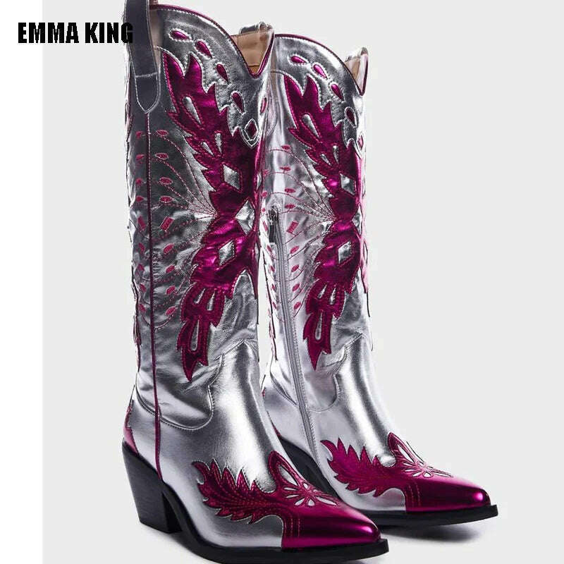 KIMLUD, 2023 New Western Cowboy Boots 2023 Fashion Chunky Heel Cowgirl Boots Big Size 44 Knee High Boots For Women Female Shoes, KIMLUD Womens Clothes