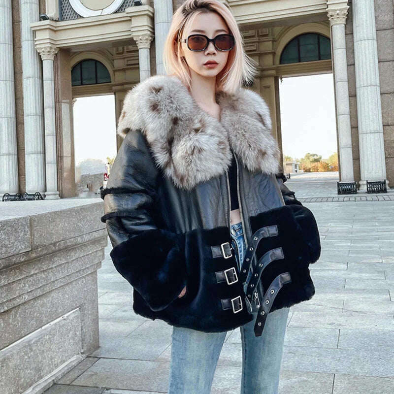 KIMLUD, 2023 New Winter and Autumn Street Fashion Women's Real Natural Merino Sheep Fur Coat Genuine Jacket Fox Fur Collar Warm Female, KIMLUD Women's Clothes