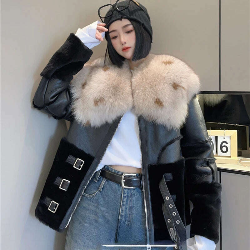 KIMLUD, 2023 New Winter and Autumn Street Fashion Women's Real Natural Merino Sheep Fur Coat Genuine Jacket Fox Fur Collar Warm Female, KIMLUD Womens Clothes