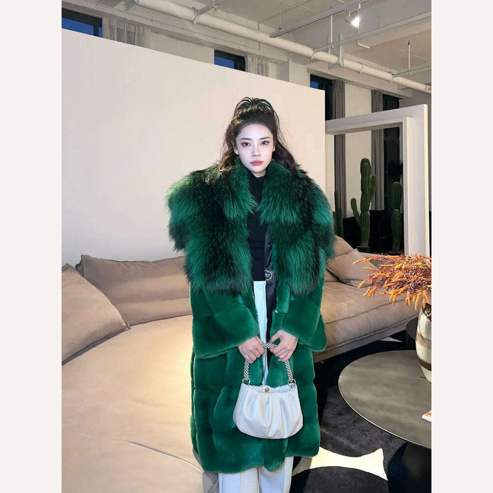 KIMLUD, 2023 New Winter Women Real Rex Rabbit Fur Coat Long Luxury Jacket with Super Large Raccoon Fur Collar Ladies Fashion Overcoat, KIMLUD Womens Clothes