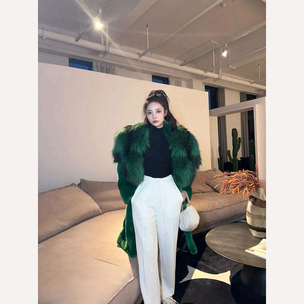 KIMLUD, 2023 New Winter Women Real Rex Rabbit Fur Coat Long Luxury Jacket with Super Large Raccoon Fur Collar Ladies Fashion Overcoat, KIMLUD Womens Clothes