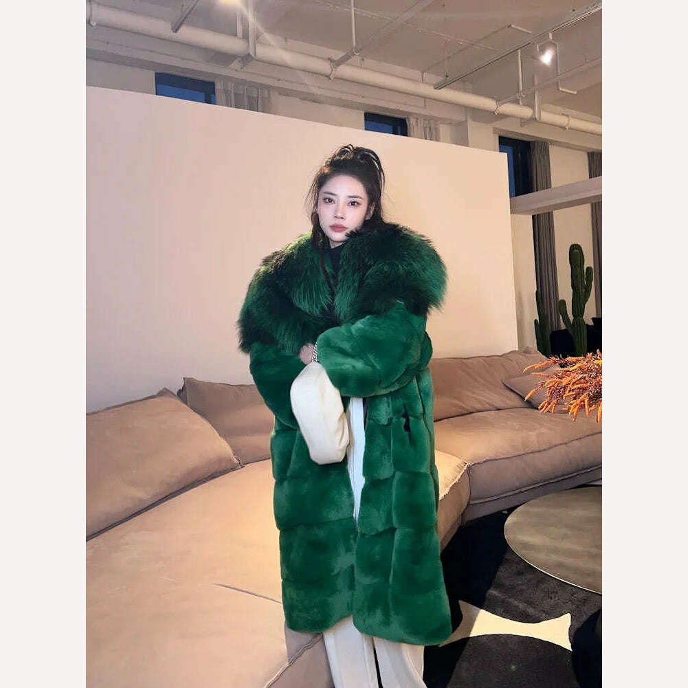 KIMLUD, 2023 New Winter Women Real Rex Rabbit Fur Coat Long Luxury Jacket with Super Large Raccoon Fur Collar Ladies Fashion Overcoat, KIMLUD Womens Clothes