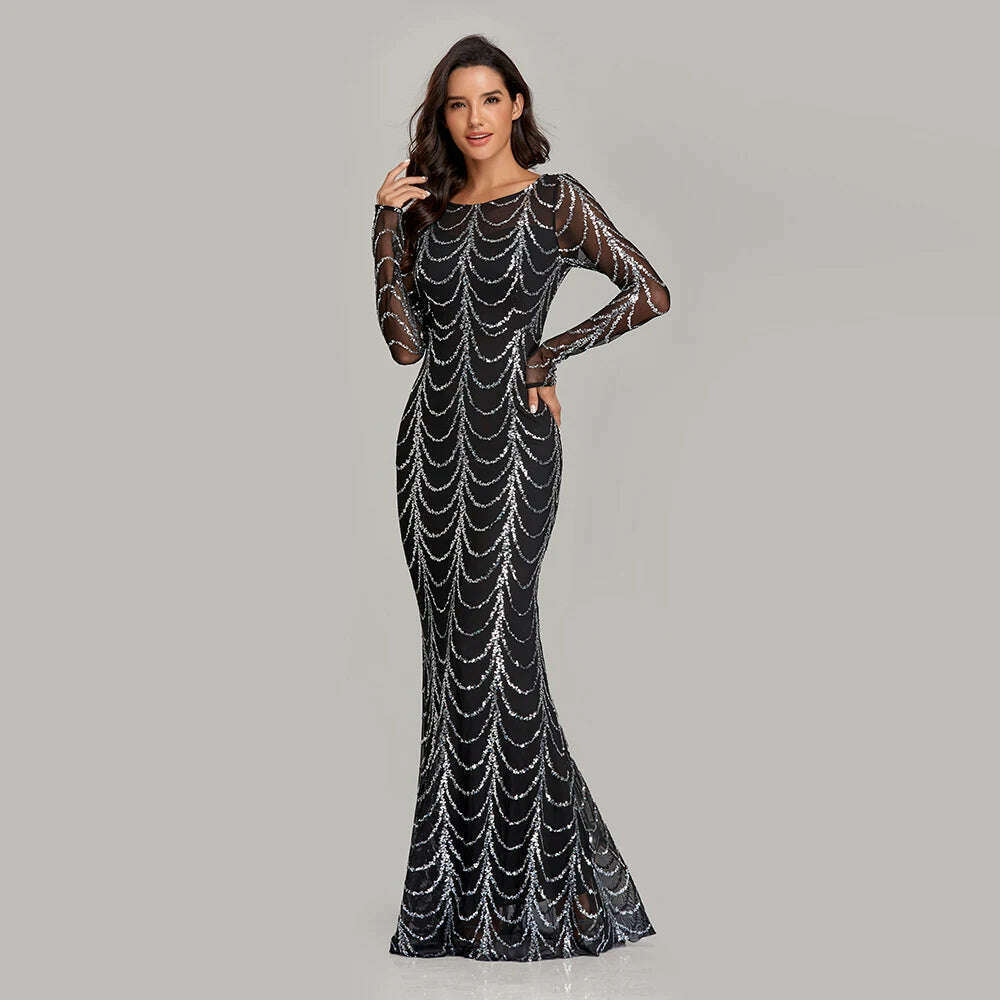 KIMLUD, 2023 NEW Women Evening Dress O Neck Full Sleeve Mermaid Sequins Tulle Floor Length Party Dress Women Formal Dress, KIMLUD Womens Clothes