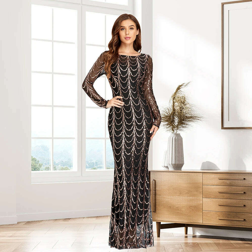 KIMLUD, 2023 NEW Women Evening Dress O Neck Full Sleeve Mermaid Sequins Tulle Floor Length Party Dress Women Formal Dress, KIMLUD Womens Clothes