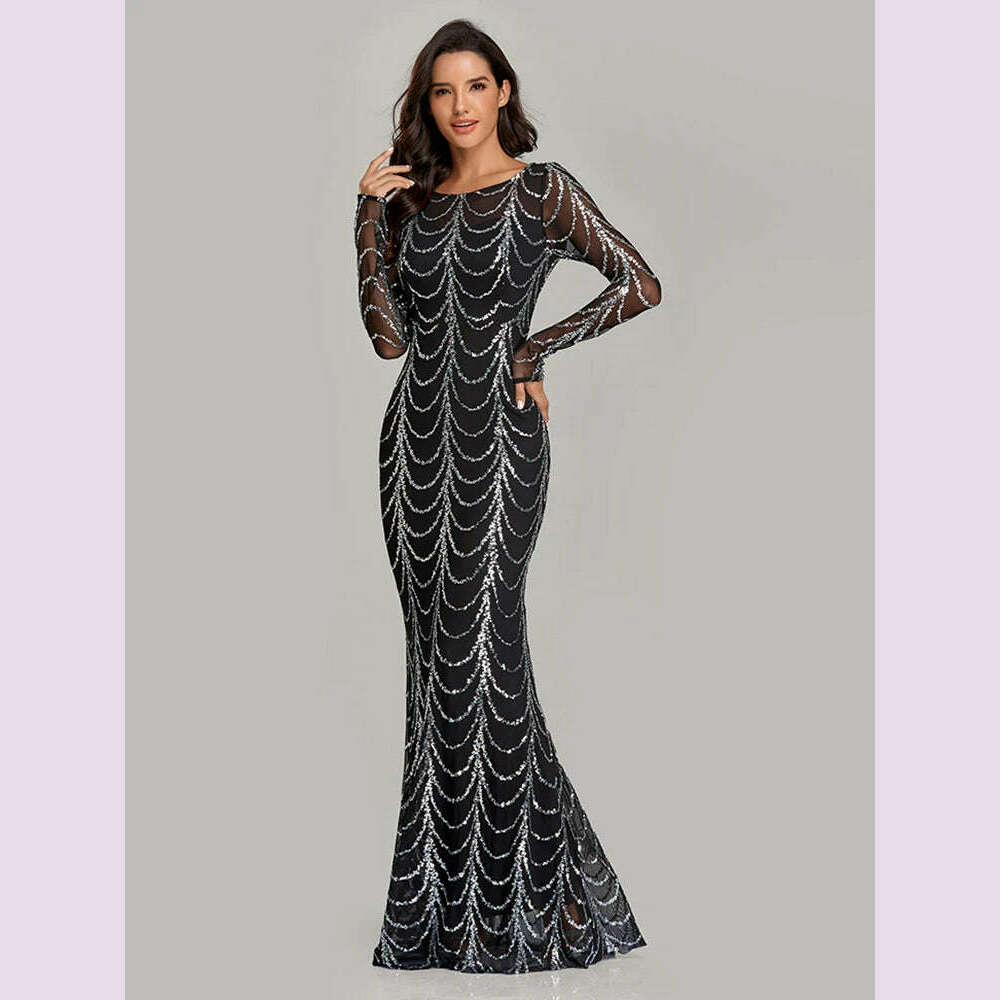 KIMLUD, 2023 NEW Women Evening Dress O Neck Full Sleeve Mermaid Sequins Tulle Floor Length Party Dress Women Formal Dress, KIMLUD Womens Clothes