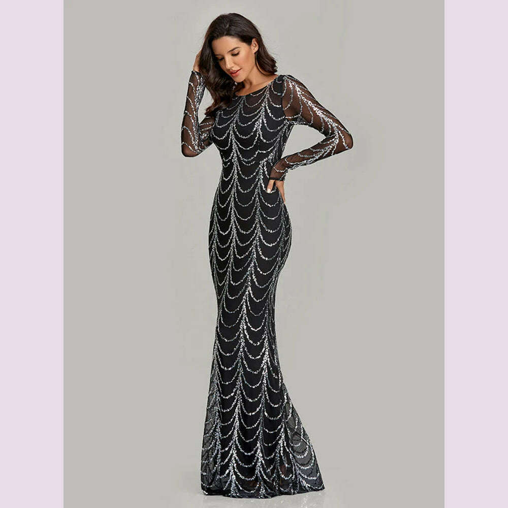 KIMLUD, 2023 NEW Women Evening Dress O Neck Full Sleeve Mermaid Sequins Tulle Floor Length Party Dress Women Formal Dress, KIMLUD Womens Clothes