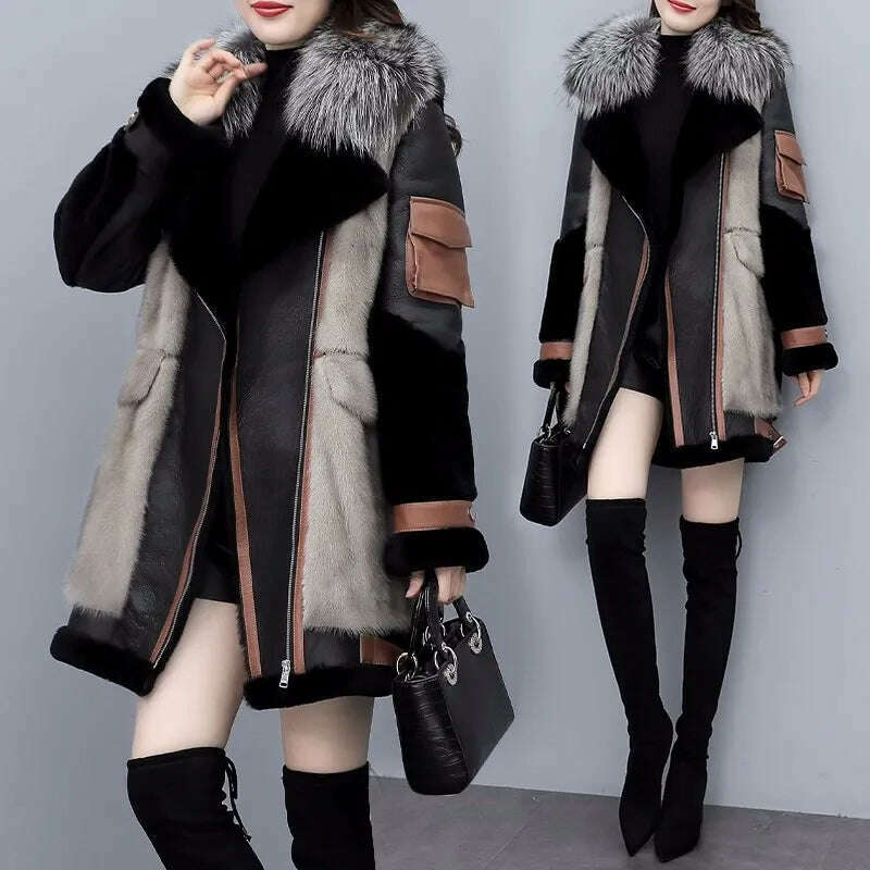 KIMLUD, 2023 New Women's Winter Fashion Fur Coat Women's Korean Loose Spliced Fox Fur Collar Warm Coats Female Long Parker Overcoat, KIMLUD Women's Clothes