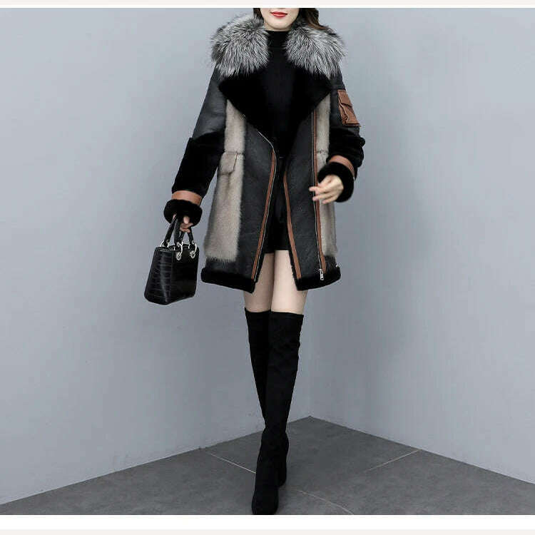 KIMLUD, 2023 New Women's Winter Fashion Fur Coat Women's Korean Loose Spliced Fox Fur Collar Warm Coats Female Long Parker Overcoat, KIMLUD Womens Clothes