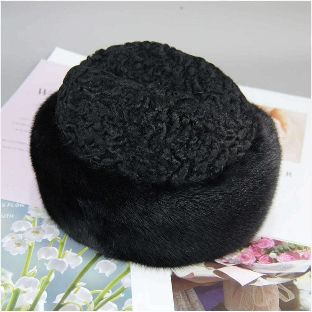 KIMLUD, 2023 Real Genuine Mink With Wool Hat Winter Russian Women Men's Warm Caps Whole Piece Mink Sheep Fur Hats Casual Outdoor Mink Ha, KIMLUD Womens Clothes