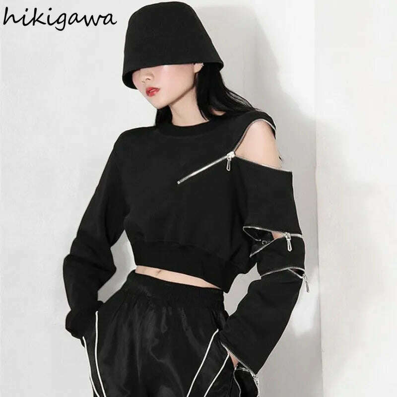 KIMLUD, 2023 Ropa Mujer Cropped Tops Fashion Hoodies Women O-neck Long Sleeve Zipper Pullovers Chic Hollow Out Sexy Korean Sweatshirt, KIMLUD Womens Clothes