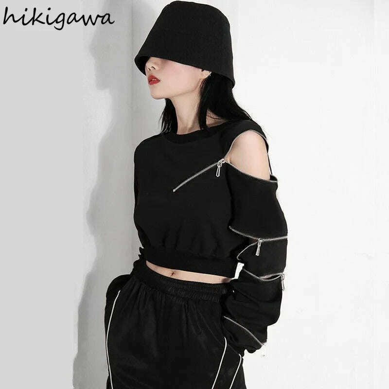 KIMLUD, 2023 Ropa Mujer Cropped Tops Fashion Hoodies Women O-neck Long Sleeve Zipper Pullovers Chic Hollow Out Sexy Korean Sweatshirt, KIMLUD Womens Clothes