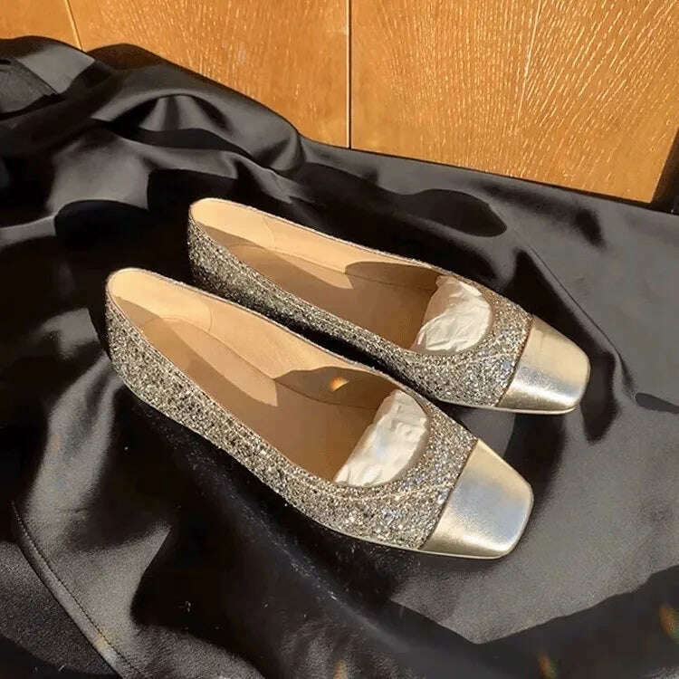 2023 Spring and Autumn New Fashion Flash Square Head Shallow Mouth Dress Flat Bottom Casual Women's Shoes - KIMLUD