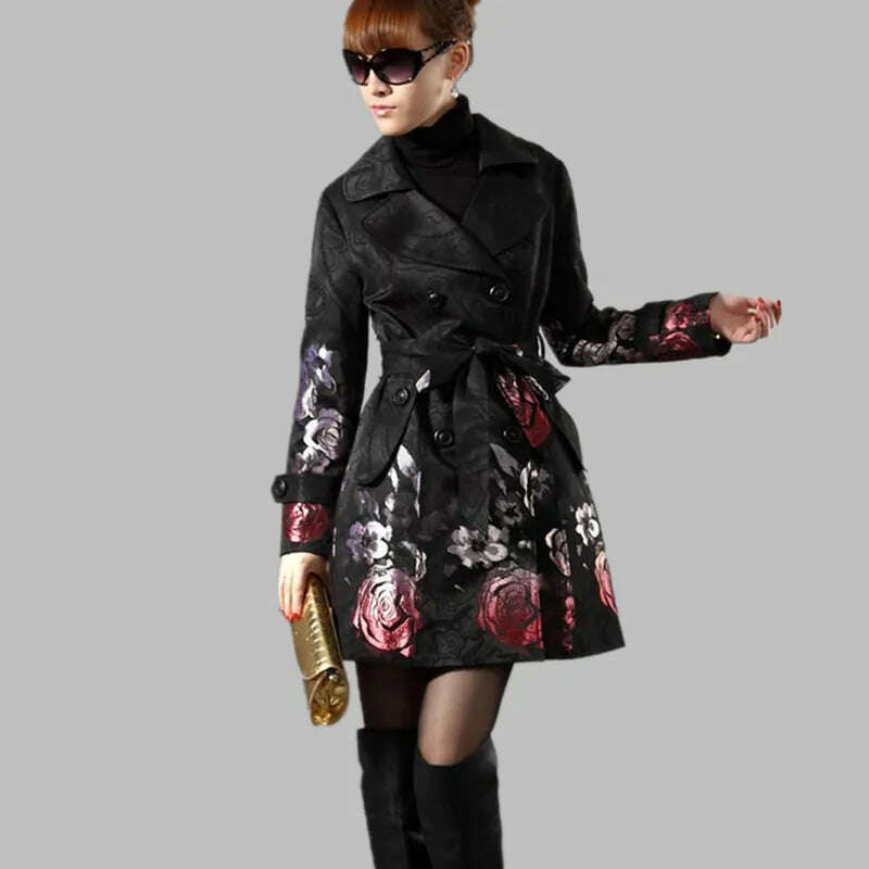 KIMLUD, 2023 Spring Autumn Floral Long Trench Coats Women Clothing Outerwear Rose Jacquard Double Breasted Slim Windbreaker Female C254, KIMLUD Womens Clothes