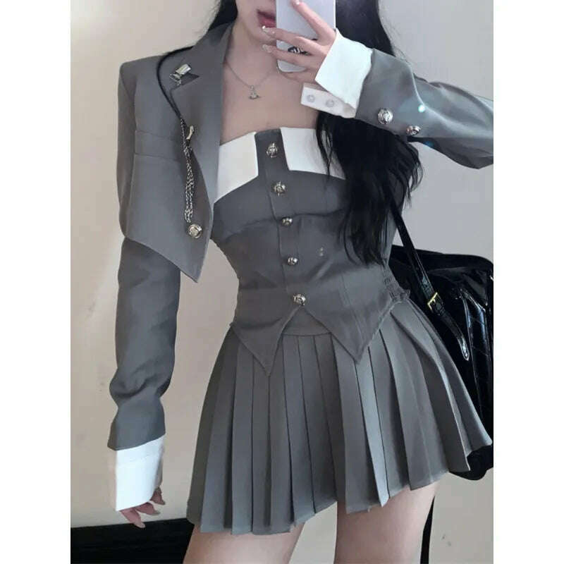 KIMLUD, 2023 Spring for Women Korean Style Gray Suit Coat + Pleated Mini Skirt Suit 2 Pieces Sets Tight-fitting Retro Y2k Suit, KIMLUD Women's Clothes