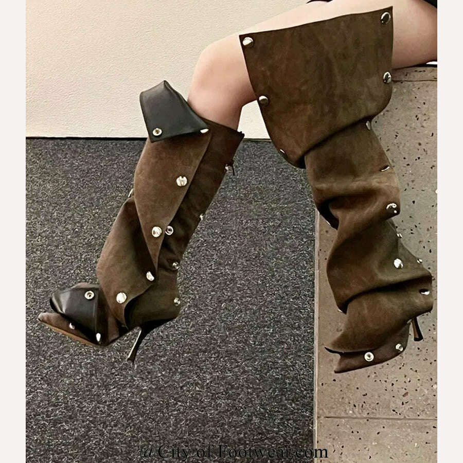 KIMLUD, 2023 Stud Pleated Cowboy Boots Pointed Toe High Heels Blue\Brown Knee High Boots Sexy Luxury Runway Zip Shoes for Women Fall, KIMLUD Womens ClothesKIMLUD, 2023 Stud Pleated Cowboy Boots Pointed Toe High Heels Blue\Brown Knee High Boots Sexy Luxury Runway Zip Shoes for Women Fall, as photo 1 / 35, KIMLUD APPAREL - Womens Clothes