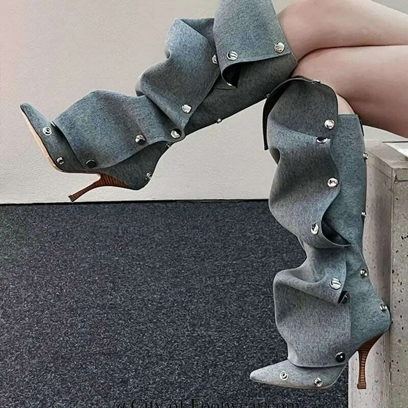 KIMLUD, 2023 Stud Pleated Cowboy Boots Pointed Toe High Heels Blue\Brown Knee High Boots Sexy Luxury Runway Zip Shoes for Women Fall, KIMLUD Womens ClothesKIMLUD, 2023 Stud Pleated Cowboy Boots Pointed Toe High Heels Blue\Brown Knee High Boots Sexy Luxury Runway Zip Shoes for Women Fall, as photo / 35, KIMLUD APPAREL - Womens Clothes