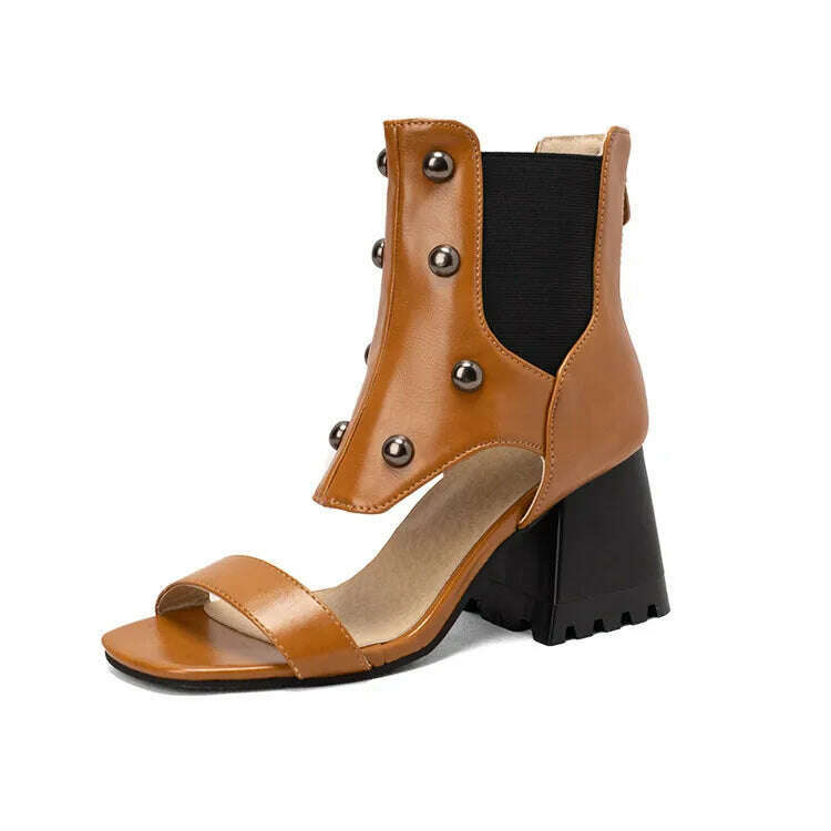 KIMLUD, 2023 Summer New Design Women's Riveted Hollow Cool Boots Chunky Heels Mixed Color Chelsea Boots Sandals for Girls Womens Shoes, Auburn / 4, KIMLUD Womens Clothes