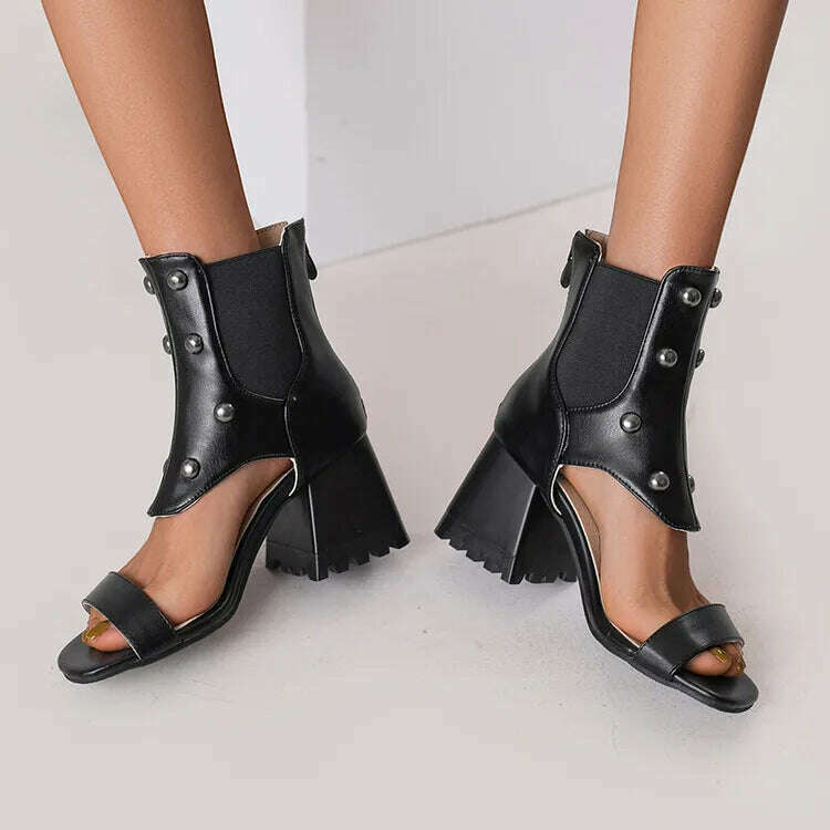 KIMLUD, 2023 Summer New Design Women's Riveted Hollow Cool Boots Chunky Heels Mixed Color Chelsea Boots Sandals for Girls Womens Shoes, KIMLUD Womens Clothes