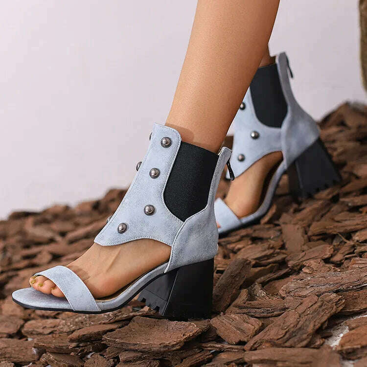 KIMLUD, 2023 Summer New Design Women's Riveted Hollow Cool Boots Chunky Heels Mixed Color Chelsea Boots Sandals for Girls Womens Shoes, KIMLUD Womens Clothes