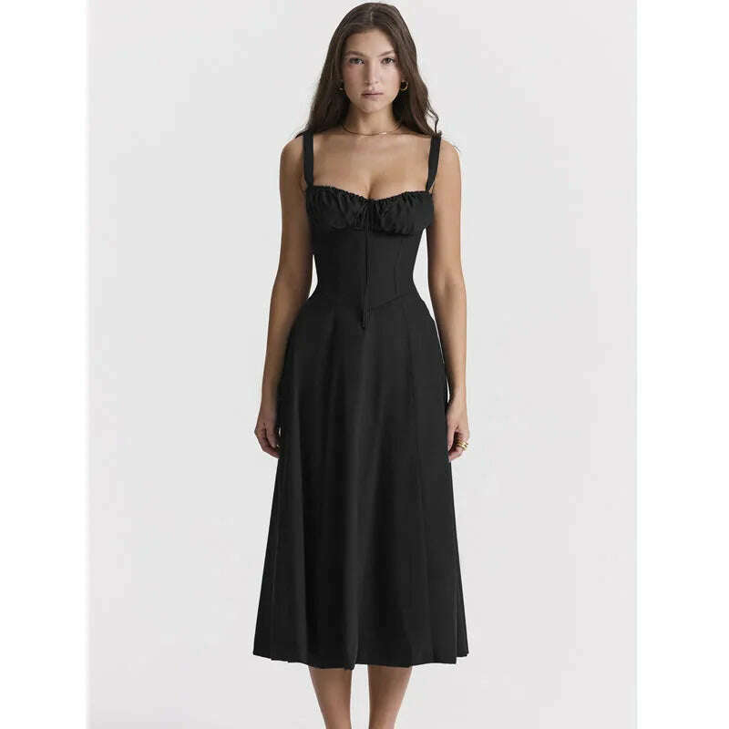 KIMLUD, 2023 summer new French style temperament slit solid color suspender dress female elegant casual long skirt Vestidos, black / S, KIMLUD Womens Clothes