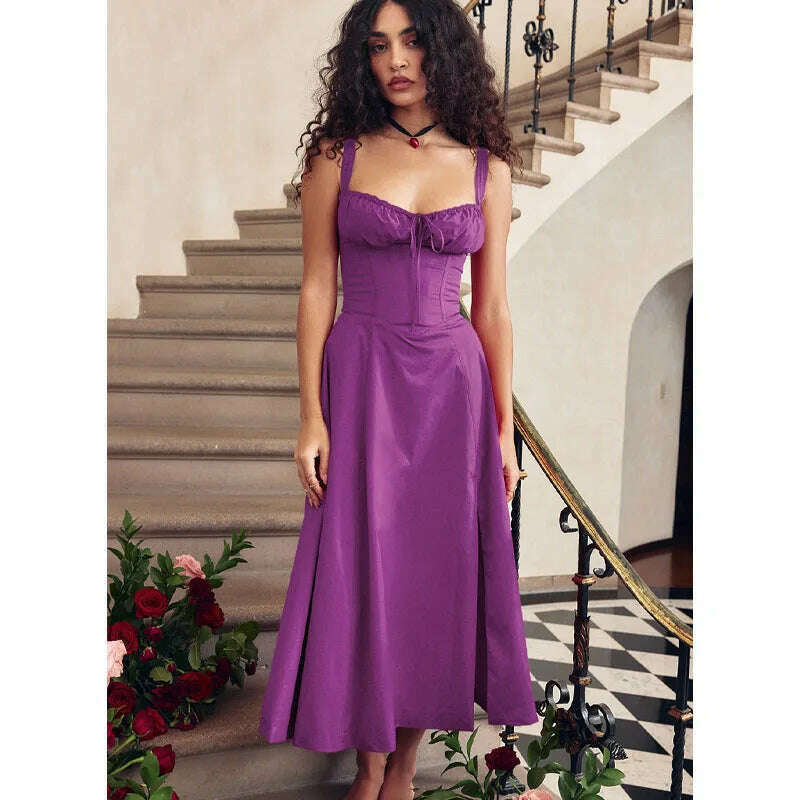 KIMLUD, 2023 summer new French style temperament slit solid color suspender dress female elegant casual long skirt Vestidos, PURPLE / S, KIMLUD Womens Clothes