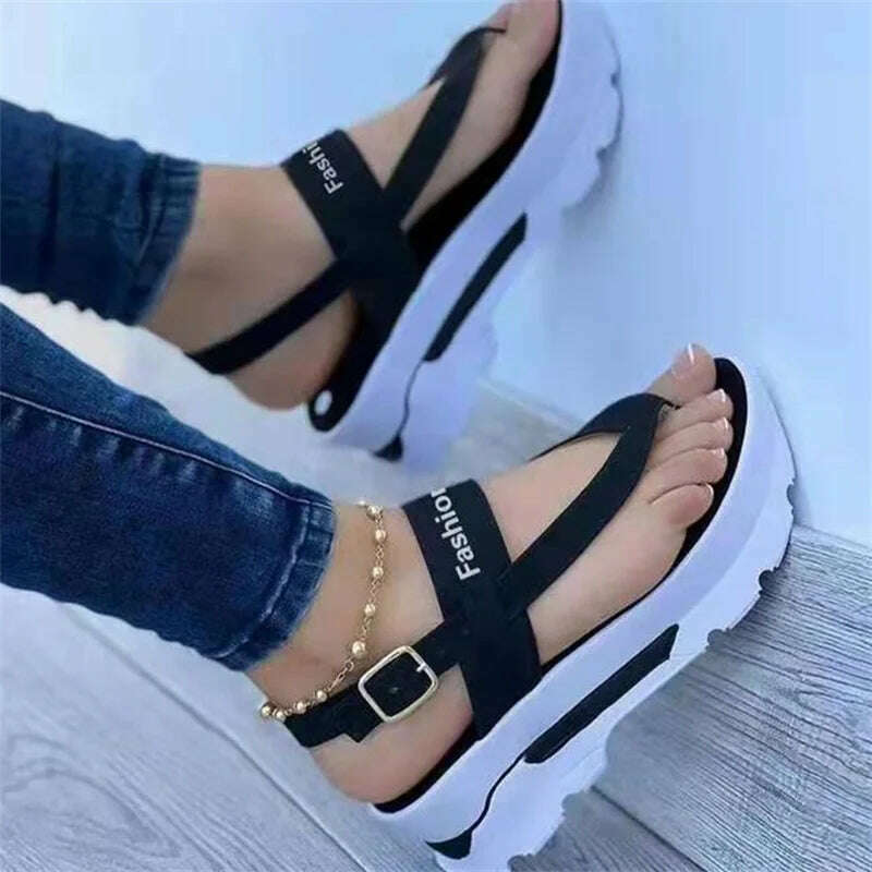 KIMLUD, 2023 Summer New Sandals Fashion Large Sandals Wedge-shaped Heel Clip Sandals Women&#39;s Thick Outsole Roman Sandals Women&#39;s, black / 35, KIMLUD Womens Clothes