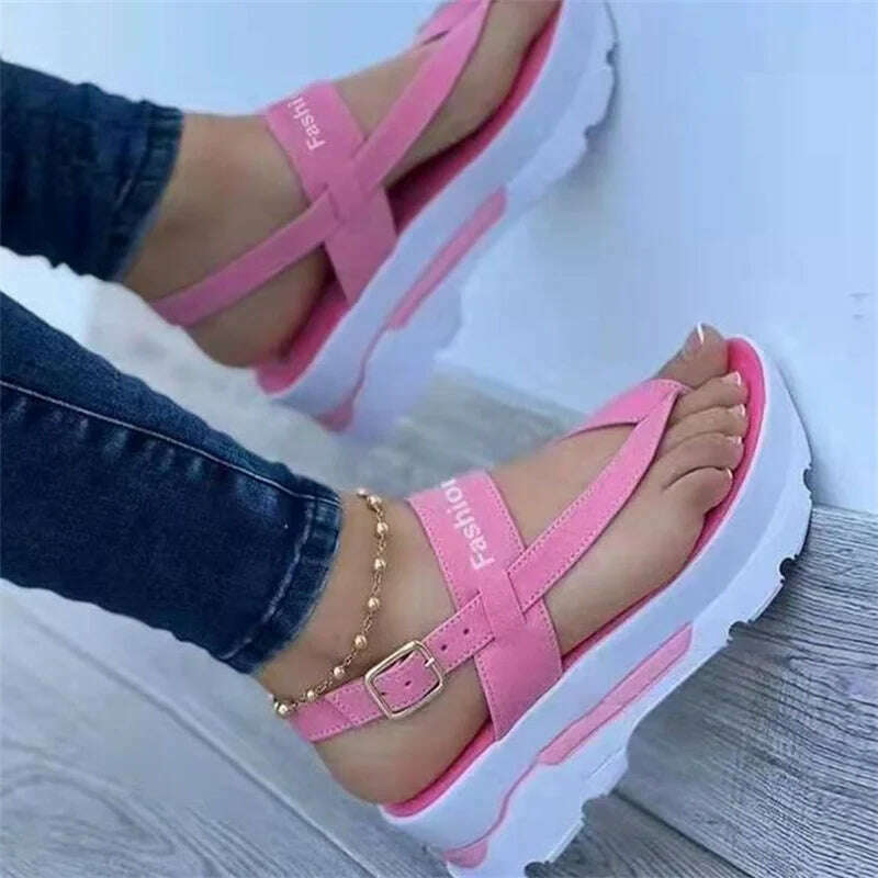 KIMLUD, 2023 Summer New Sandals Fashion Large Sandals Wedge-shaped Heel Clip Sandals Women's Thick Outsole Roman Sandals Women's, Pink / 35, KIMLUD Womens Clothes