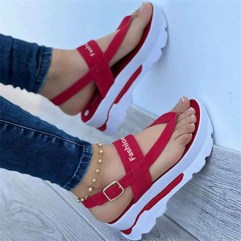 KIMLUD, 2023 Summer New Sandals Fashion Large Sandals Wedge-shaped Heel Clip Sandals Women's Thick Outsole Roman Sandals Women's, red / 35, KIMLUD Womens Clothes