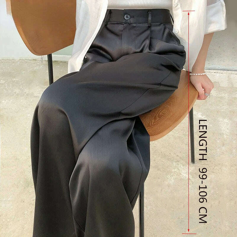 KIMLUD, 2023 Summer New Silk Satin Women's Pants High Waist Casual Black Korean Fashion Wide Leg Suit Pants for Women Trousers Oversize, KIMLUD Womens ClothesKIMLUD, 2023 Summer New Silk Satin Women's Pants High Waist Casual Black Korean Fashion Wide Leg Suit Pants for Women Trousers Oversize, Regular-Black / L, KIMLUD APPAREL - Womens Clothes