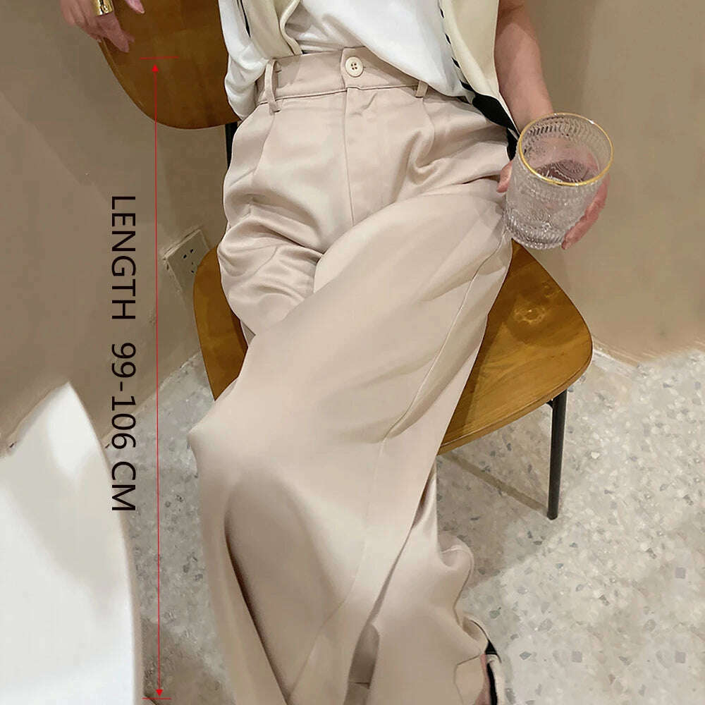 KIMLUD, 2023 Summer New Silk Satin Women's Pants High Waist Casual Black Korean Fashion Wide Leg Suit Pants for Women Trousers Oversize, KIMLUD Womens ClothesKIMLUD, 2023 Summer New Silk Satin Women's Pants High Waist Casual Black Korean Fashion Wide Leg Suit Pants for Women Trousers Oversize, Regular-Khaki / XL, KIMLUD APPAREL - Womens Clothes