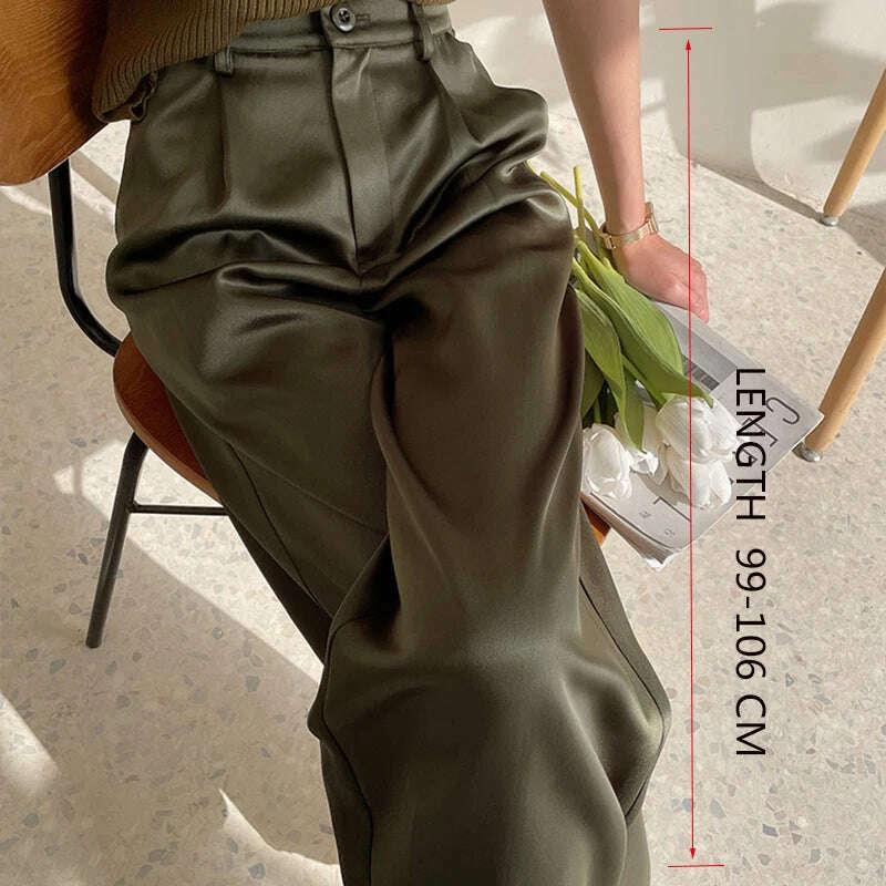 KIMLUD, 2023 Summer New Silk Satin Women's Pants High Waist Casual Black Korean Fashion Wide Leg Suit Pants for Women Trousers Oversize, KIMLUD Womens ClothesKIMLUD, 2023 Summer New Silk Satin Women's Pants High Waist Casual Black Korean Fashion Wide Leg Suit Pants for Women Trousers Oversize, Regular-ArmyGreen / M, KIMLUD APPAREL - Womens Clothes