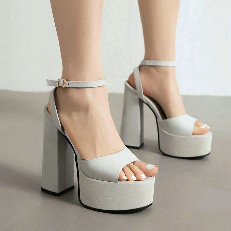 KIMLUD, 2023 Summer Women High Heel Shoes Platform Square High Heel Ladies Sandals PU Leather Open Toe Buckle Party Women's Shoes, WHITE / 6, KIMLUD Womens Clothes