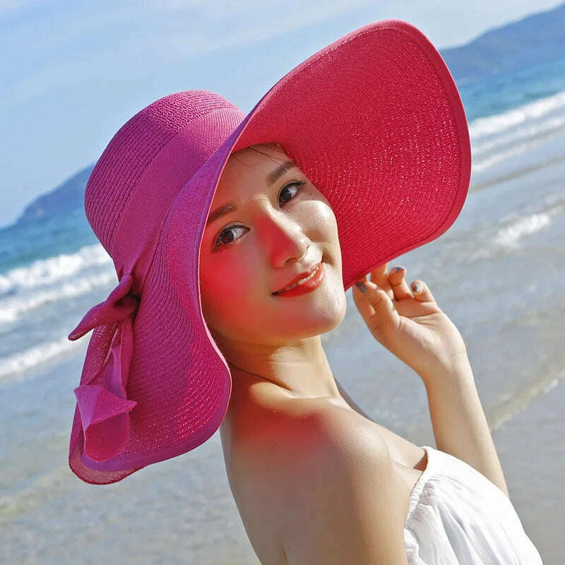 2023 Summer Women Straw Hat Bowknot Wide Brim Floppy Panama Hats Female Lady Outdoor Foldable Beach Sun Cap Uv Protection Hats - KIMLUD