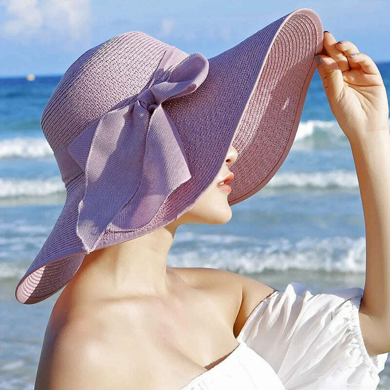 2023 Summer Women Straw Hat Bowknot Wide Brim Floppy Panama Hats Female Lady Outdoor Foldable Beach Sun Cap Uv Protection Hats - KIMLUD