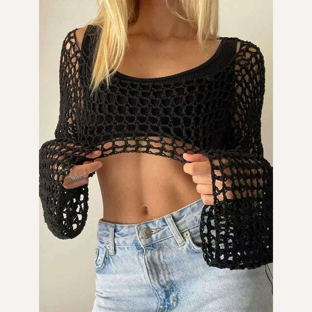 KIMLUD, 2023 Summer Y2k Crochet Knit Hollow Out Tops Vintage Mesh Top Grunge Clothes 2000s Aesthetic Mesh Sweatshirt Crop Top for Women, KIMLUD Womens Clothes