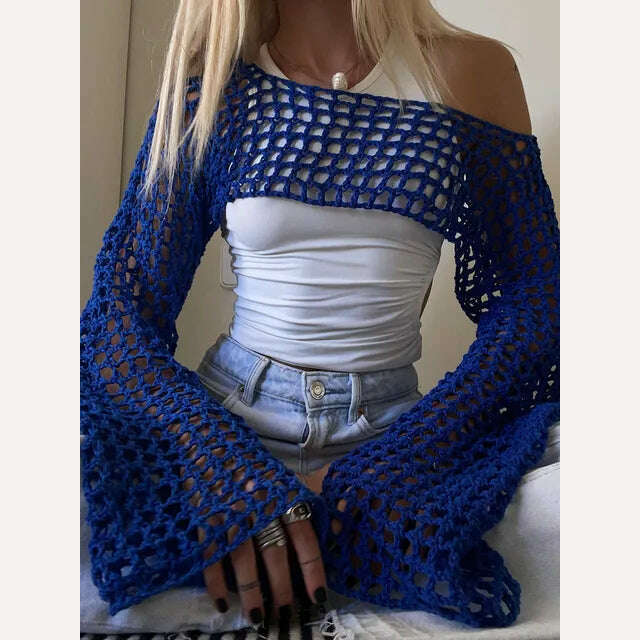 KIMLUD, 2023 Summer Y2k Crochet Knit Hollow Out Tops Vintage Mesh Top Grunge Clothes 2000s Aesthetic Mesh Sweatshirt Crop Top for Women, KIMLUD Womens Clothes