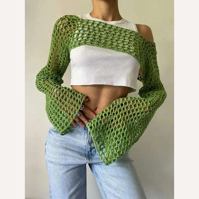 KIMLUD, 2023 Summer Y2k Crochet Knit Hollow Out Tops Vintage Mesh Top Grunge Clothes 2000s Aesthetic Mesh Sweatshirt Crop Top for Women, KIMLUD Womens Clothes
