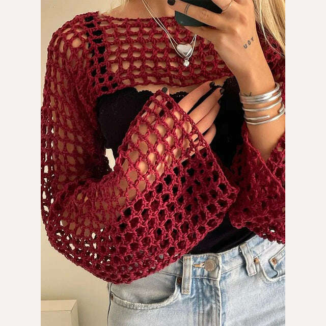 KIMLUD, 2023 Summer Y2k Crochet Knit Hollow Out Tops Vintage Mesh Top Grunge Clothes 2000s Aesthetic Mesh Sweatshirt Crop Top for Women, KIMLUD Womens Clothes