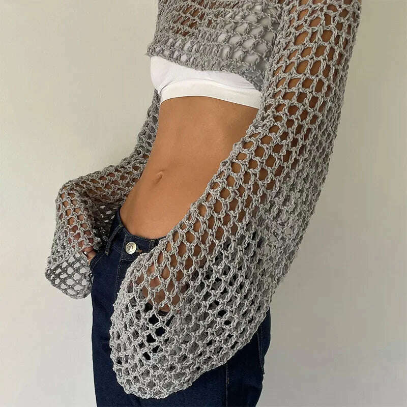 KIMLUD, 2023 Summer Y2k Crochet Knit Hollow Out Tops Vintage Mesh Top Grunge Clothes 2000s Aesthetic Mesh Sweatshirt Crop Top for Women, Grey / S, KIMLUD Womens Clothes