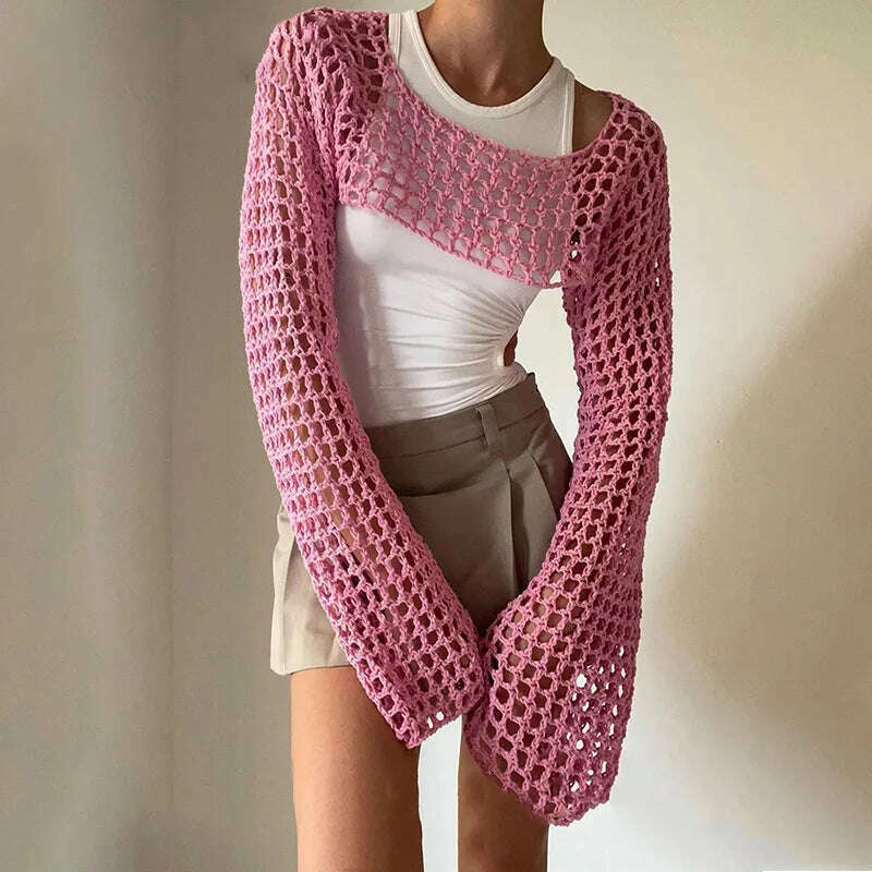 KIMLUD, 2023 Summer Y2k Crochet Knit Hollow Out Tops Vintage Mesh Top Grunge Clothes 2000s Aesthetic Mesh Sweatshirt Crop Top for Women, Pink / S, KIMLUD Womens Clothes